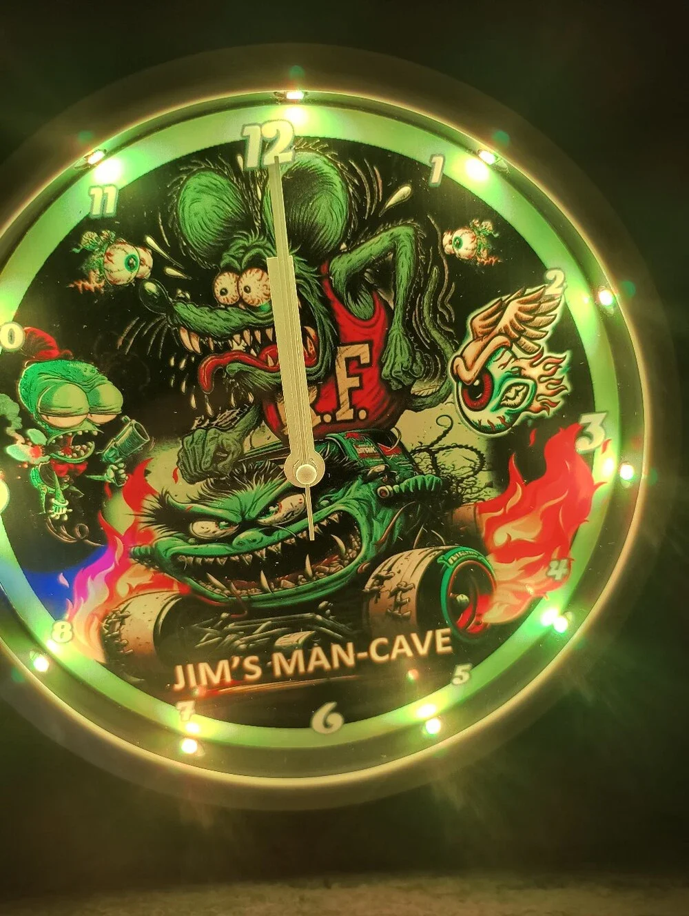 Neon Green Rat Fink Style LED Wall Clock - Jim's Man-Cave